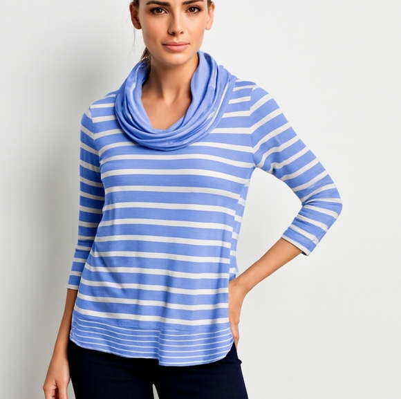 Cupio Tops - Cupio Striped Cowl Neck Top Blue White Large